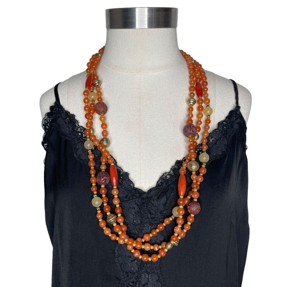 Vintage Avon Multi Strand Beaded Necklace Gold Tone with Orange and Cream